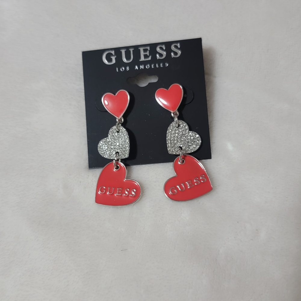 GUESS Red and Silver Triple Heart Earrings
